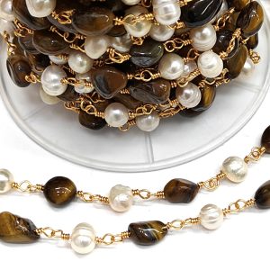 Catena rosario occhio di tigre e perle naturali 50 cm